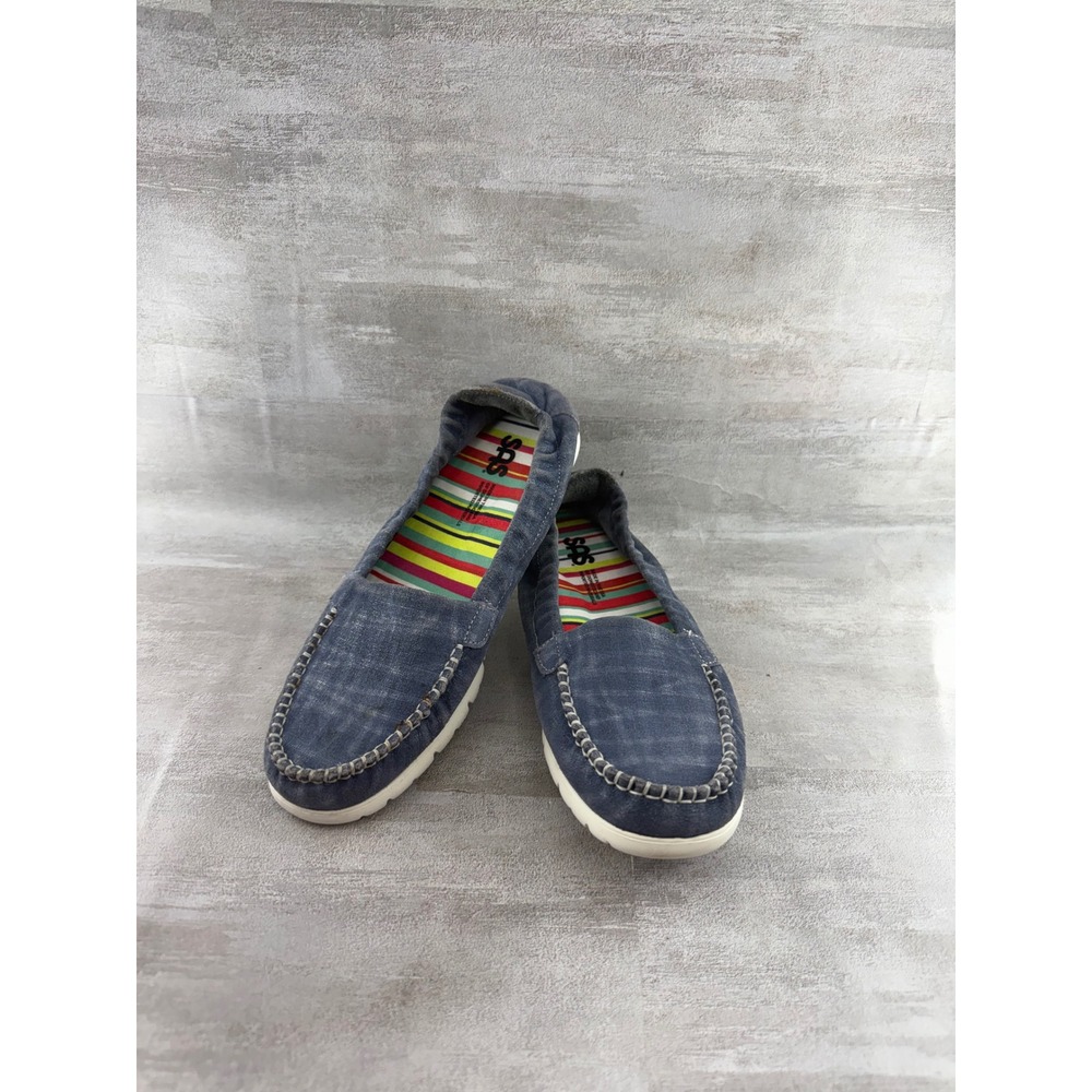 SAS Women Blue Grid Textile Moc Toe Slip On Loafers Flats D9E95485 Size 7.5 N